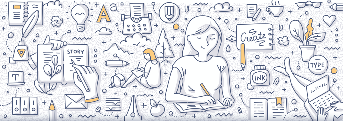 graphic image of woman writing in a book for payhips how to sell ebooks blog
